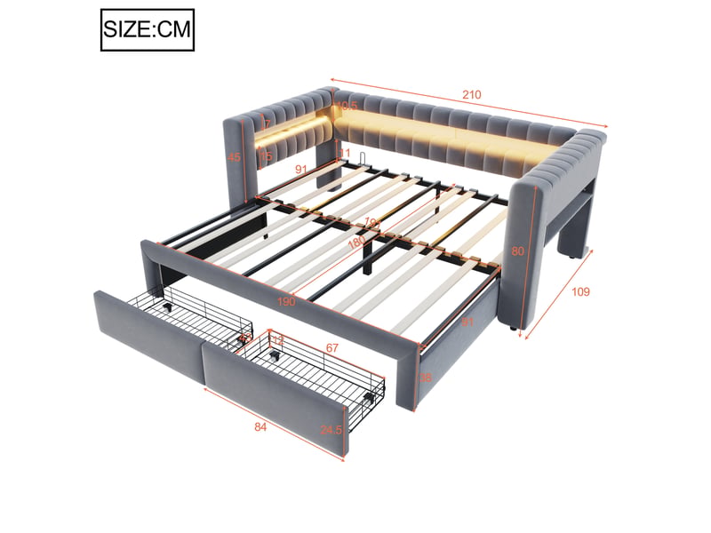 Lit gigogne 90x190 cm -  2 tiroirs - led usb-c - lit banquette 1 place convertible 180x190 cm- gris  - Conforama C