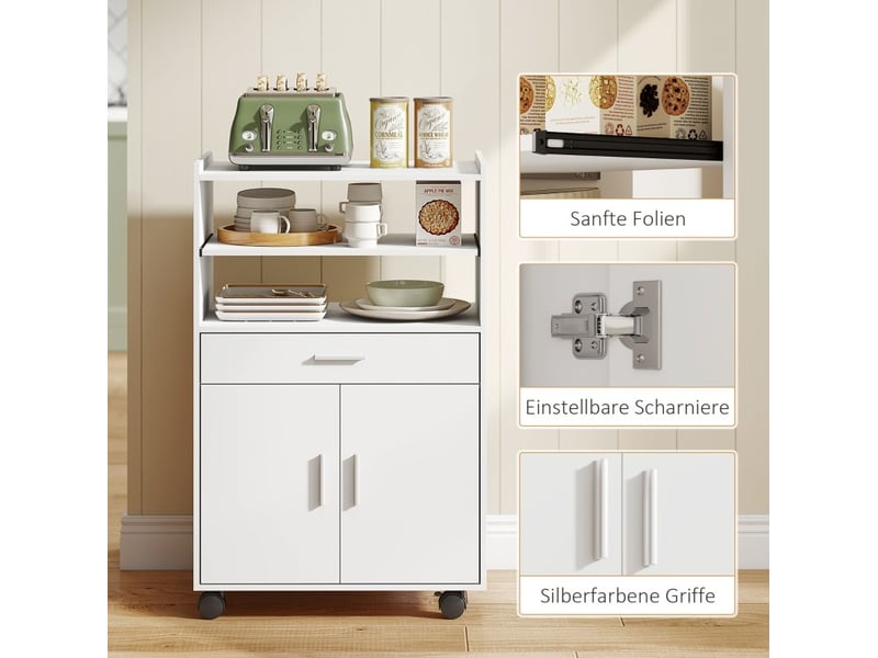 Desserte de cuisine à roulettes avec 2 portes, tiroir, niche et tablette coulissante en mdf blanc pour la cuisine - Conforama D