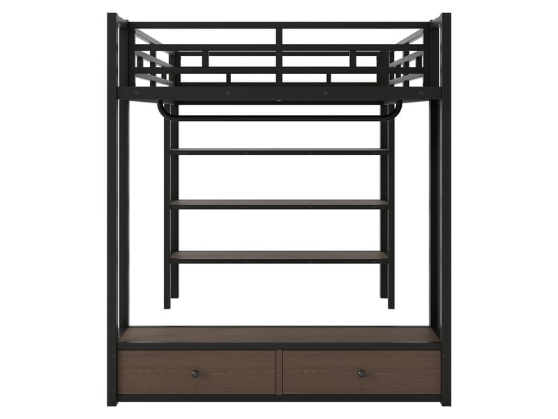 Lit mezzanine métal 140x200 cm penderie ouverte étagères panneau perforé led noir - Conforama E