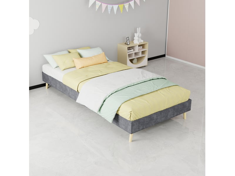  Cadre de lit 1 place 90x200 cm en velours gris, sans tête de lit  - Conforama D