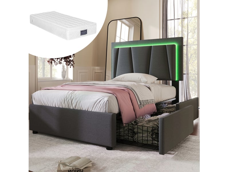  Lit rembourré 90 × 200 cm 1 place avec led, 2 tiroirs, tête réglable et matelas inclus, gris  - Conforama B