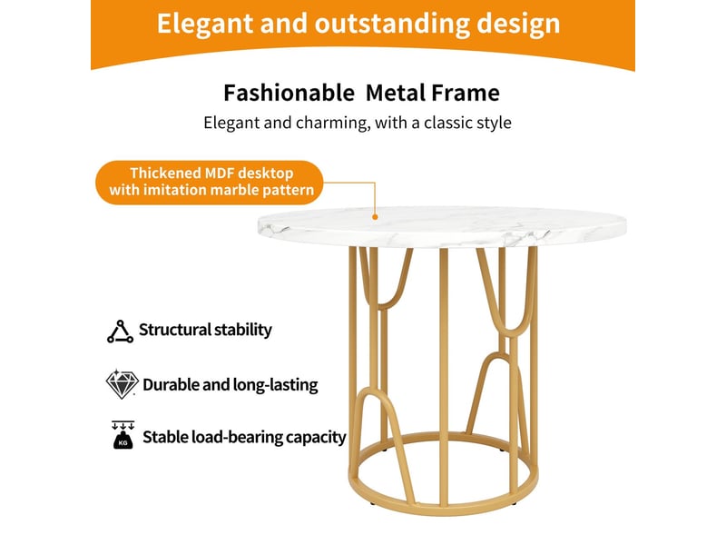 Table à manger ronde 80x80, plateau mdf marbré luxueux table de cuisine, design élégant, pieds dorés, structure métal robuste - Conforama E
