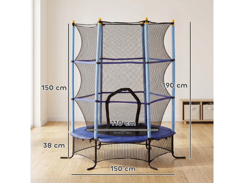  Trampoline enfant ø 1,63 × 1,9h m filet de sécurité porte zipée couvre-ressorts 6 poteaux rembourrés inclus bleu  - Conforama C