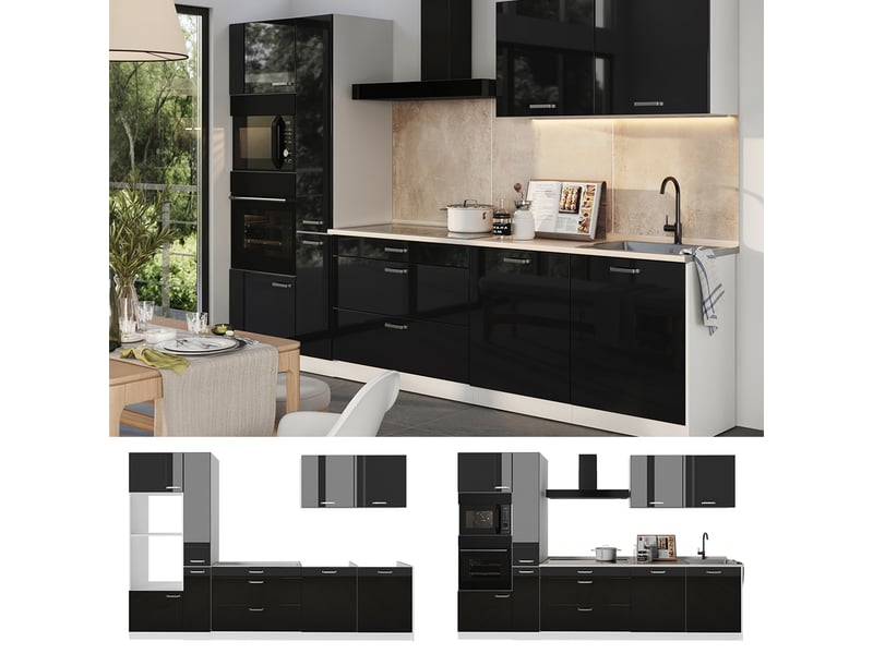  Vicco cuisine, noir haute brillanceblanc, 310cm plan de travail chêne doré  - Conforama D