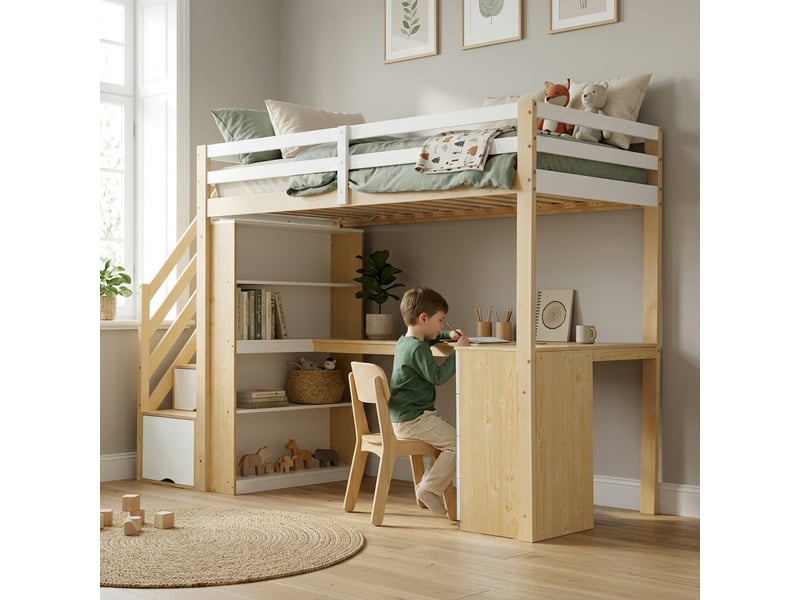  Lit mezzanine enfant 90 x 200 cm avec bureau, étagères, tiroirs et escalier de rangement, bois massif et mdf - blanc et naturel OMNIGLINT TRADING LTD - Conforama C