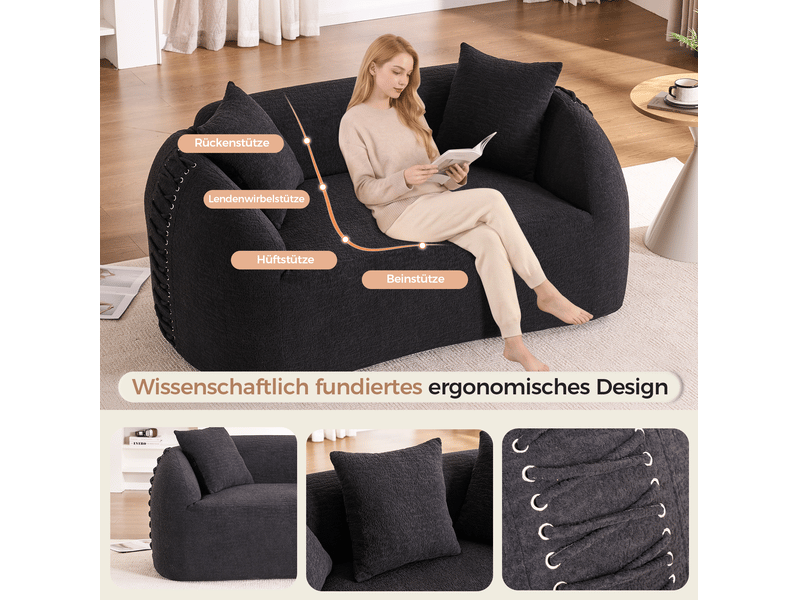 Canapé droit fixe 2 places noir en tissu texturé, 155 cm, avec coussins et lacets décoratifs aux accoudoirs - Conforama D