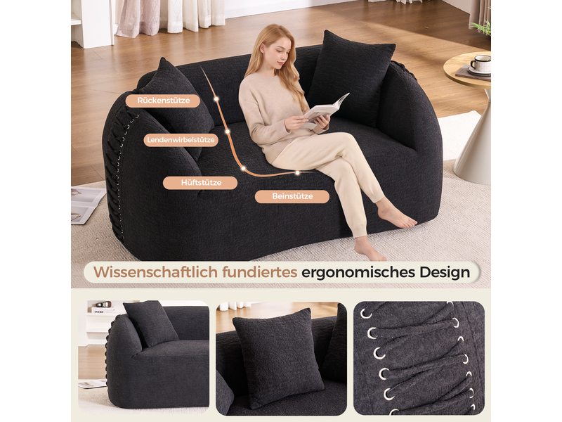  Canapé droit fixe 2 places noir en tissu texturé, 155 cm, avec coussins et lacets décoratifs aux accoudoirs  - Conforama D