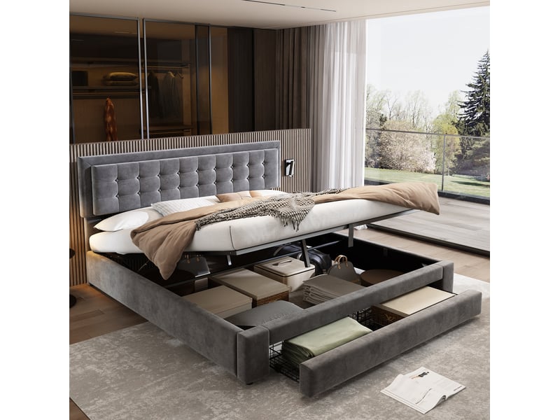  Lit coffre tcqpz 180 x 200 cm en velours gris avec tiroirs et tête de lit réglable  - Conforama E