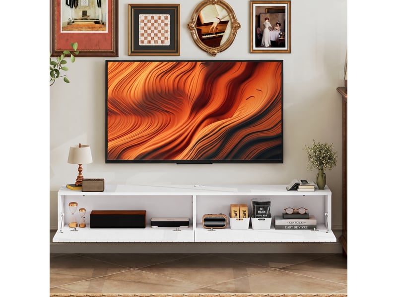  Meuble télé mural blanc de 140 cm, 2 portes abattantes cannelées sans poignées, mdf mélaminé, 140 x 25 x 22 cm  - Conforama E