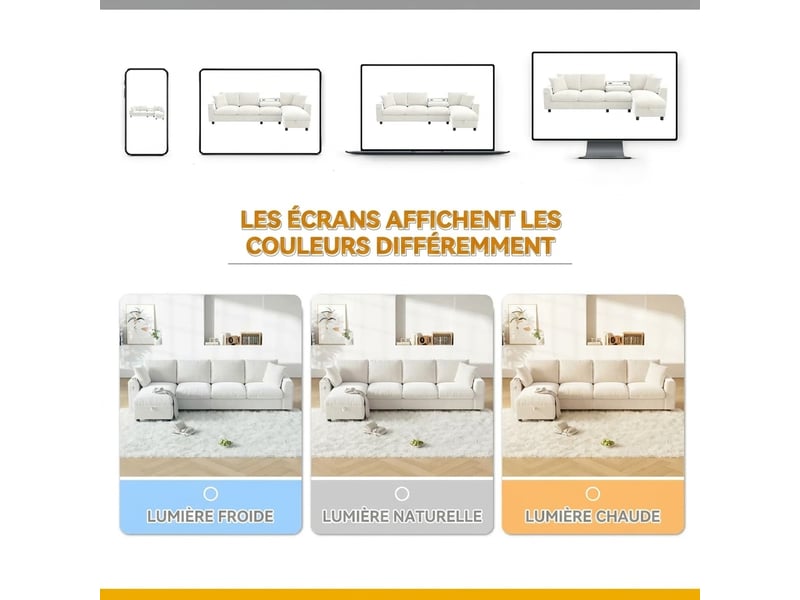  Canapé d'angle en chenille beige 4 places avec rangement - table basse rabattable et ports usbtype-c  - Conforama E