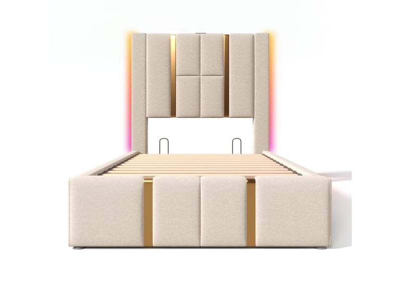  Lit simple rembourré 90x200 cm beige lin, led contrôlée par appli, usb-c, rangement  - Conforama A