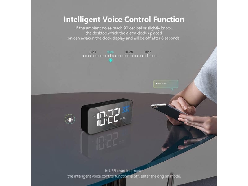  Réveil numérique avec grand affichage de la température led, alarme de miroir portable avec double alarme roupillon temps gradateur(noir)  - Conforama D