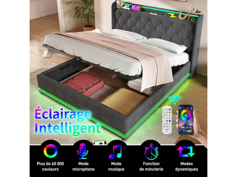 Lit coffre 140x200 cm en lin gris, sommier relevable, led 360° et usb-c - Conforama D