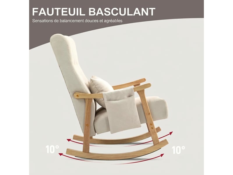  Fauteuil à bascule beige avec coussin lombaire, revêtement aspect lin et cadre en bois, 65x90x98 cm  - Conforama D