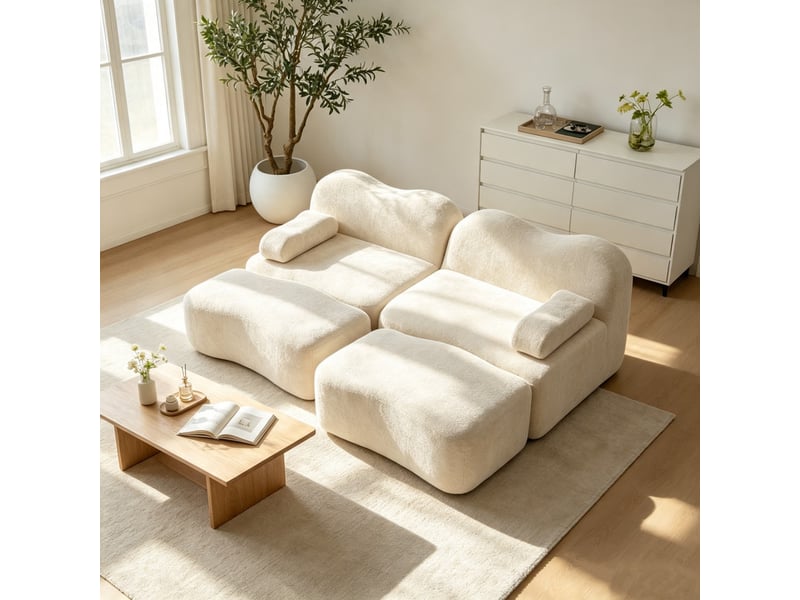 Canapé modulable 2 places avec 2 poufs, coussin d'accoudoir amovible, pour salon et appartement, 192 x 167 x 70cm, beige - Conforama D