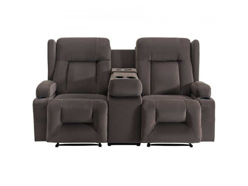  Canapé inclinable électrique 2 places, causeuse inclinable avec chauffage, massage et console centrale, en daim, avec ports usb, porte-gobelets et poches latérales, pour salon appartement  - Conforama E