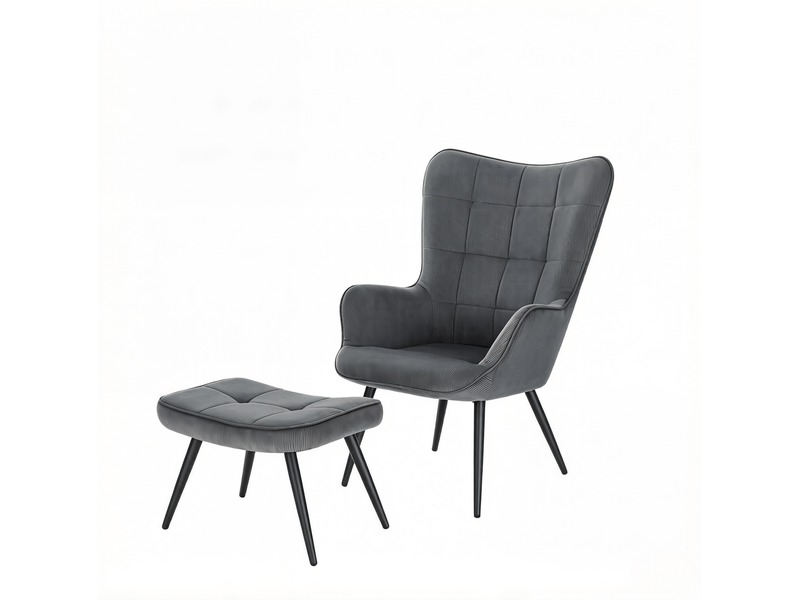  Fauteuil avec repose-pieds en velours côtelé gris foncé  - Conforama A
