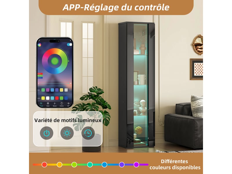  Vitrine noire avec 4 niveaux, éclairage led multicolore piloté par application, 40 x 29 x 170 cm  - Conforama W