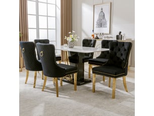 Lot de 6 chaises de salle à manger en velours noir, pieds en acier inoxydable doré, anneau au dos