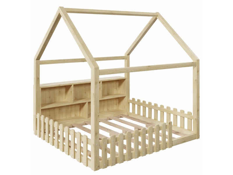  Lit enfant au sol blanc 140x190 cm maison en pin, barrières, led et rangements  - Conforama E