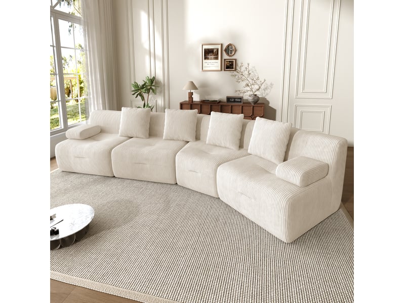  Canapé modulaire 4 places à modules indépendants sans montage, en velours côtelé beige clair, 311 × 90 × 65 cm  - Conforama D