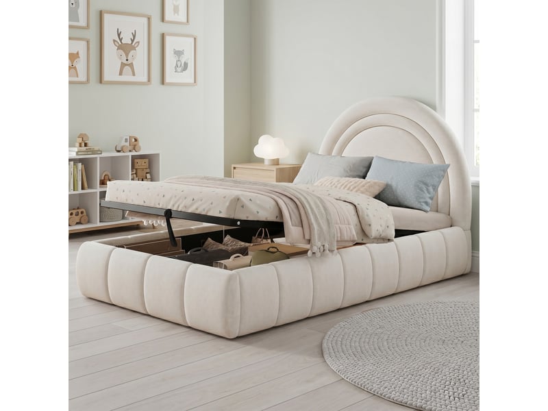 Lit coffre enfant simple 90×200 cm, rangement et tête rembourrée - okmyhome- en velours beige, sans matelas  - Conforama C