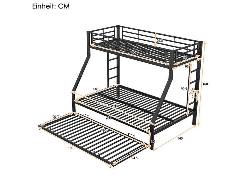  Lit superposé 3 places 90 × 200 cm et 140 × 200 cm avec lit gigogne 90 × 190 cm, sans matelas, en métal noir  - Conforama D