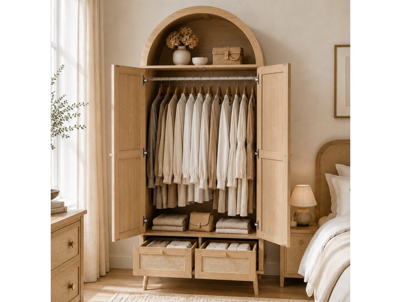  Armoire tcqpz 2 portes 2 tiroirs 80 x 55 x 180 cm avec penderie et niche ouverte mdf décor chêne et beige  - Conforama C