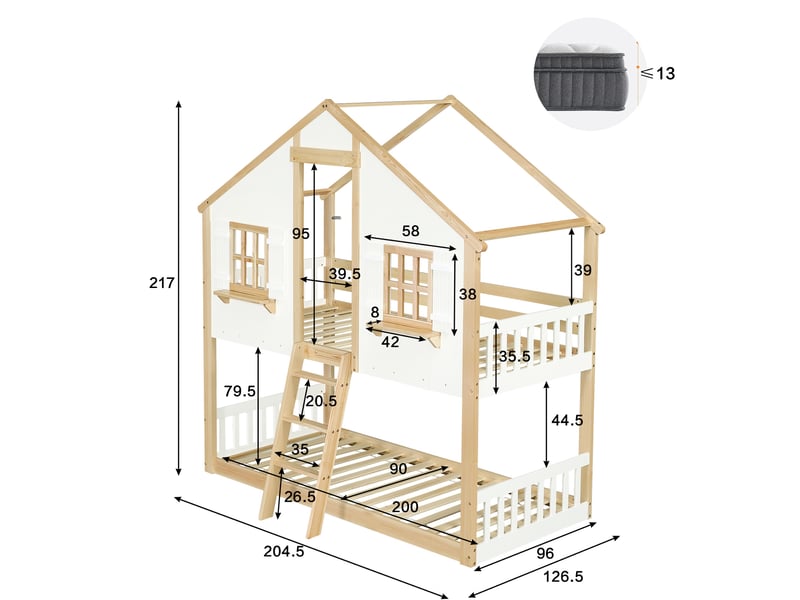  Lit superposé enfant 90x200 cm, lit cabane avec toit et fenêtres, en bois de pin massif et mdf avec échelle à 3 marches, blanc et naturel  - Conforama E