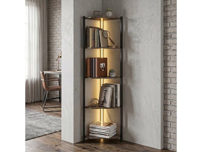  Bibliothèque d'angle à 5 niveaux avec éclairage led pour salon, chambre, bureau, marron rustique  - Conforama C
