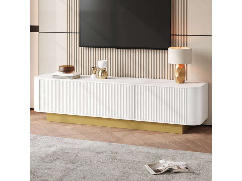  Meuble tv bas moderne avec rangement, gestion des câbles, design arrondi, façade texturée, meuble multimédia pour salon  - Conforama R