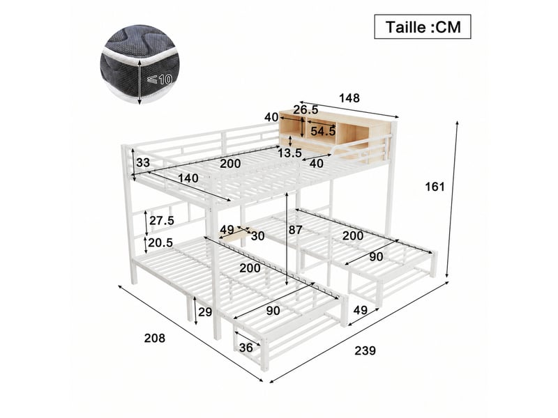  Lit superposé 3 places en métal avec étagère et range-chaussures, 140x200 cm et 2 fois 90x200 cm, sans matelas  - Conforama D