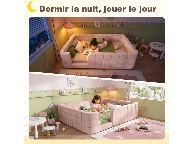 Lit pour enfant capitonné 140x200cm - tissu chenille - avec garde-corps de sécurité - rose (matelas non inclus)  - Conforama E
