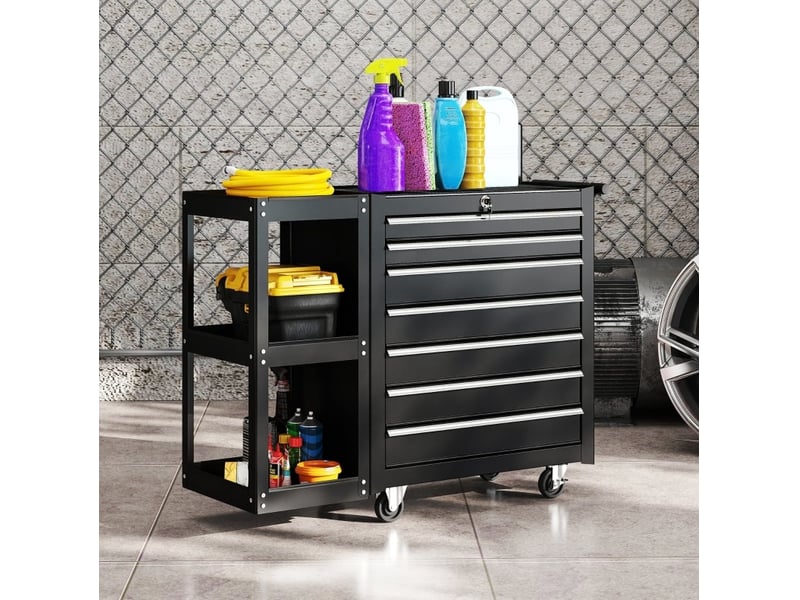  Chariot d'atelier 96 x 33,5 x 75 cm noir en acier, 7 tiroirs verrouillables et étagère latérale amovible  - Conforama B