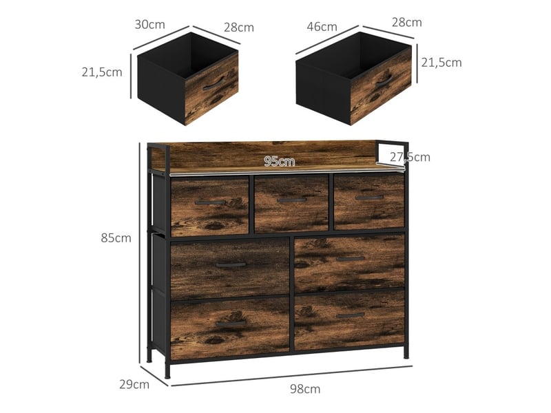  Buffet bas 98x29x85 cm marron, 7 tiroirs en polyester, structure mdf et acier, rangement avec anti-basculement  - Conforama C