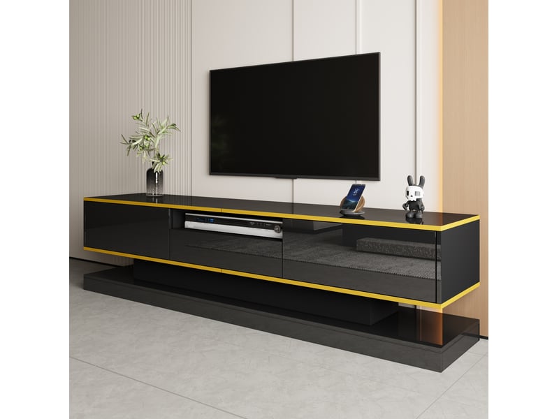  Meuble tv modenvie 180 x 38 x 45 cm 3 tiroirs niche ouverte led multicolore noir brillant doré  - Conforama E