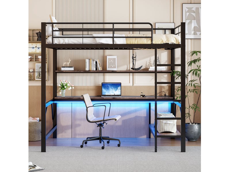  Lit mezzanine enfant 140x200 cm – noir – bureau avec étagères, led, usb et prise intégrés - sans matelas  - Conforama B