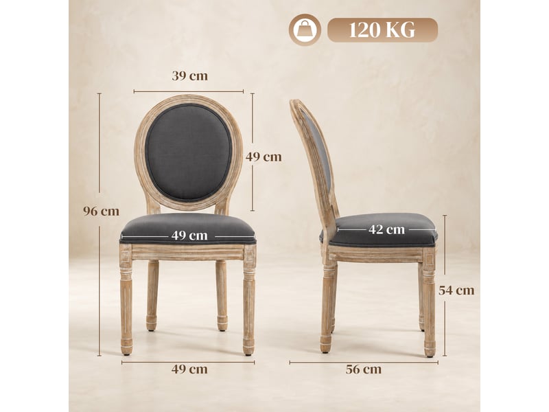  Lot de 2 chaises de salle à manger - chaise de salon médaillon style louis xvi - bois massif sculpté, patiné - aspect lin gris  - Conforama C