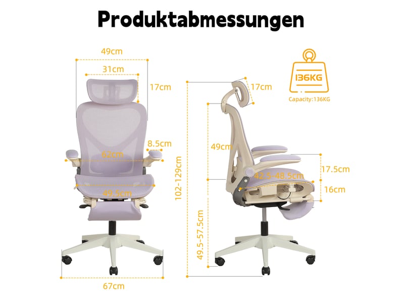  Fauteuil de bureau ergonomique pliable 62 x 48,5 x 129 cm – violet – appui-tête 3d et repose-pieds intégré  - Conforama C