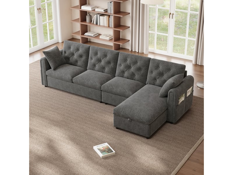  Canapé d'angle, canapé velours — 281 × 86 × 71 cm, en velours, avec rangement, gris  - Conforama C