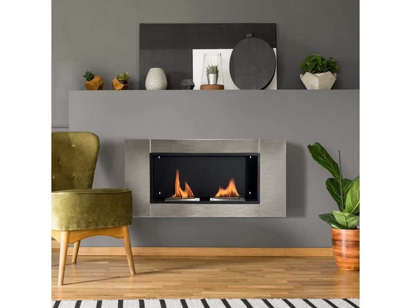  Cheminée bioéthanol murale encastrable brûleur 2*0,9 l, environ 3 h de durée de combustion 110l x 14,5l x 54h cm couverture 25-30 m² acier inox  - Conforama B