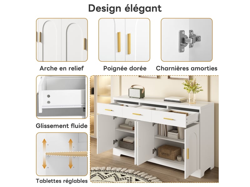 Buffet blanc 140x40x83 cm, meuble de rangement moderne avec 4 portes et 3 tiroirs, idéal pour décoration et petits électroménagers en entrée ou cuisine - Conforama E