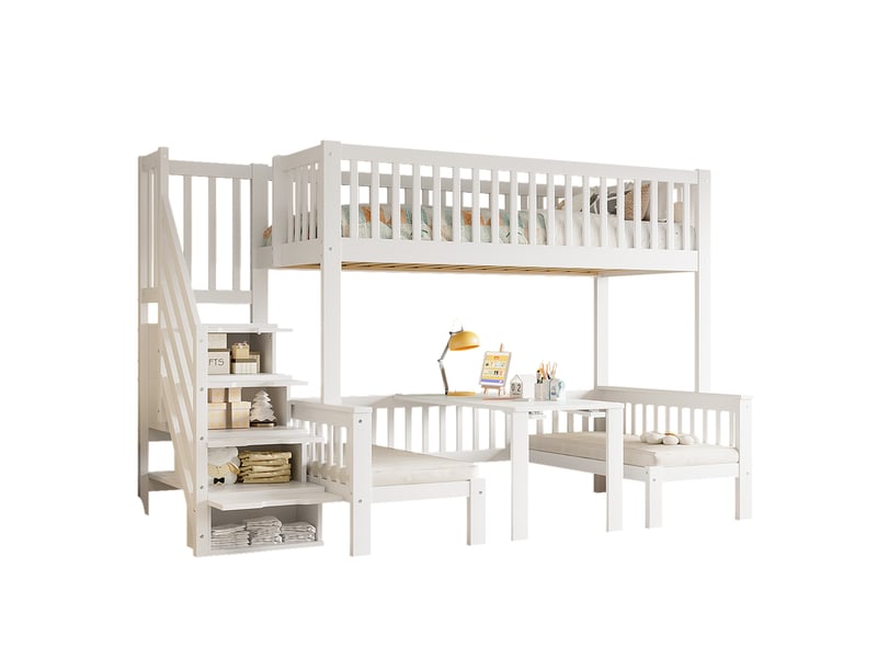  Lit superposé enfant blanc avec bureau rabattable, escalier coffre, 90x200 et 120x200 cm  - Conforama A