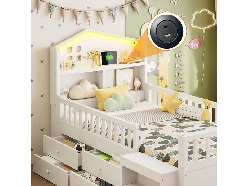  Lit avec tiroirs 90x200, rangement intégré lit une personne, tiroirs coulissants, structure bois massif, led, ports usb  - Conforama D