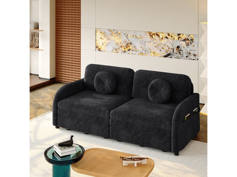 Canapé-lit 2 places 3 en 1 166 cm avec couchage queen size, rangement latéral, méridienne et lit double extensible, chenille - noir - Conforama C