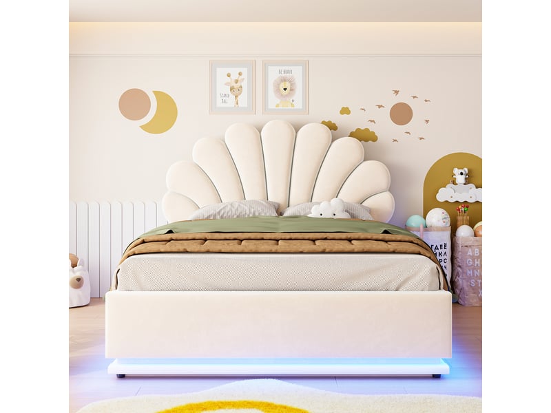  Lit coffre rembourré 140x200 cm avec tête de lit en forme de fleur, rangement hydraulique, éclairage led, cadre en métal, velours,  beige  - Conforama D