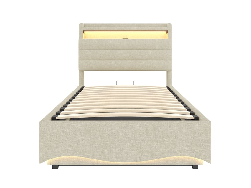  Lit rembourré beige 90x200 cm led usb rangement hydraulique lin  - Conforama A