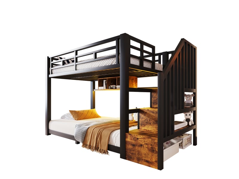 Lit superposé 90 x 200 cm, bandes led, 3 compartiments de rangement, escalier avec rangement, garde-corps, structure en métal, noir Seren Glow - Conforama A
