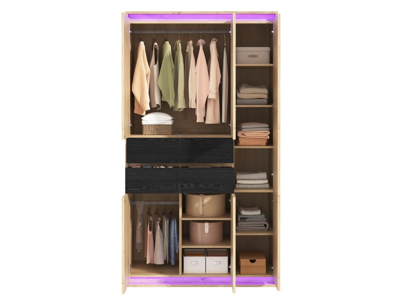  Armoire miroir led, 3 portes, 4 tiroirs, 9 niches, 2 penderies, chambre, mdf chêne anthracite 110 × 47 × 200 cm  - Conforama A