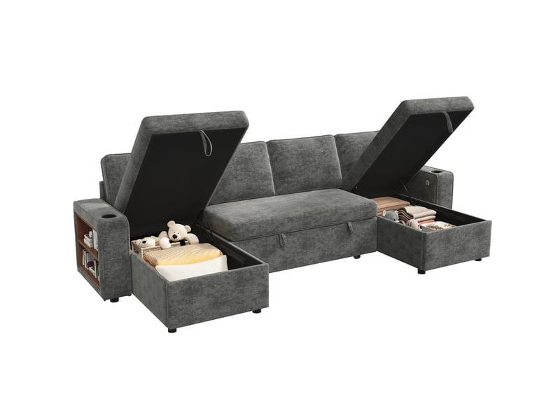  Canapé d'angle u modenvie convertible avec rangement, chenille gris, 4 places, avec porte-gobelets et ports usb  - Conforama A